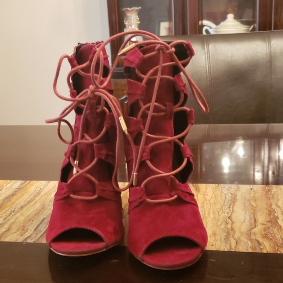 red chunky heel booties